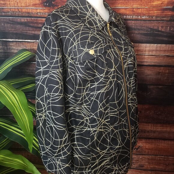 Peter Nygard Jacket Blazer 18 Embroidered 3/4 Sleeves Black Gold Full Zip Lined - Picture 3 of 9